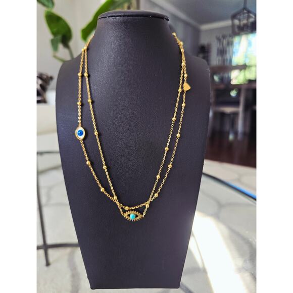 Stainless Steel Gold Evil Eye Layered Necklace New - Picture 2 of 2